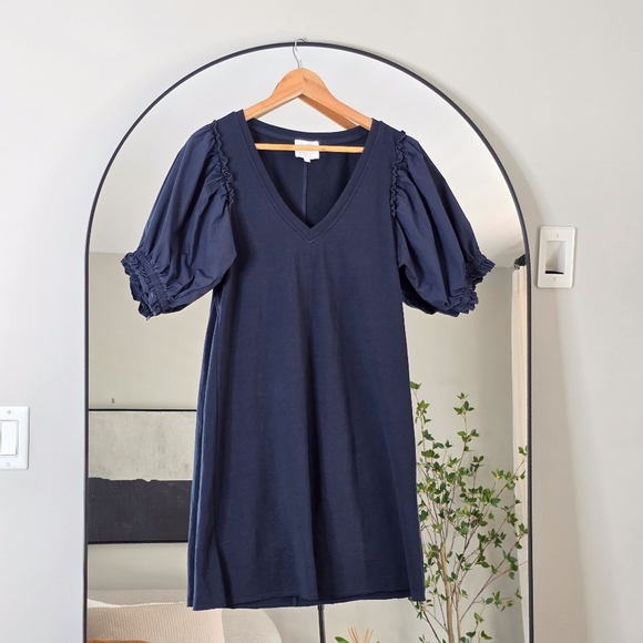 Sundays Navy Mila Puff Sleeve V-Neck Mini Casual Dress, Size Small - Picture 2 of 6